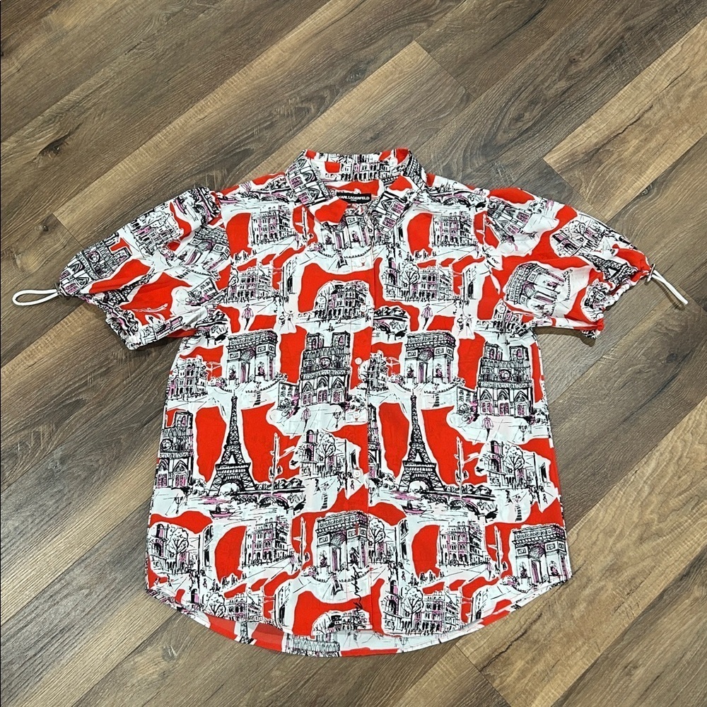 Karl Lagerfeld Women's Printed Bungee-Sleeve Short Shirt size L button Up - Picture 2 of 14